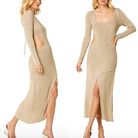 NWT Misa Los Angles Metallic Gold Beige Knit Cut Out Midi Sweater Dress - Picture 2 of 13